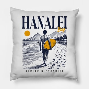 Vintage Surfing Hanalei Bay, Hawaii // Retro Surfer Sketch // Surfer's Paradise Pillow