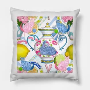 French porcelain, lemons and Herend inspired kitten and rabbit Pillow