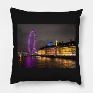 London Eye Ferris Wheel pink in night Pillow