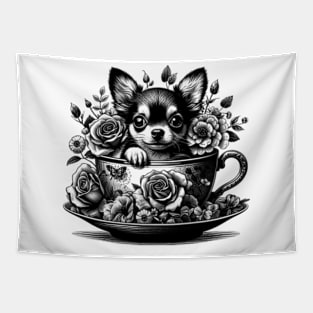 chihuahua peeking dog out from a teacup, surrounded by delicate flowers Tapestry