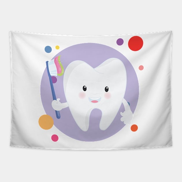 Cute Kawaii Tooth With Toothbrush Tapestry by The Little Store Of Magic