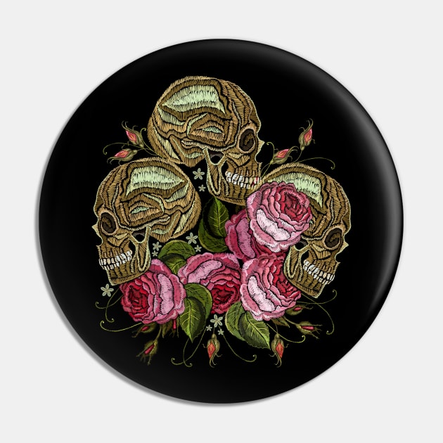 Three Skulls Roses Flower Embroidery Pin by Mako Design 