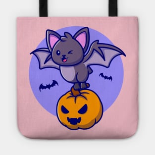 Cute Bat With Pumpkin Halloween Cartoon Tote