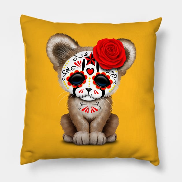 Red Day of the Dead Sugar Skull Cougar Cub Pillow by jeffbartels