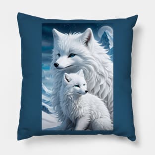 Beautiful arctic fox with her baby Pillow