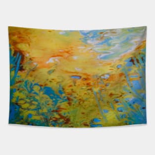 Abstract Jellyfish Painting Fluid Art Design In Vibrant Colors Blues, Oranges, Yellows and White Tapestry