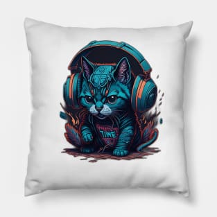 Kitten playing with TNT, wearing headphones Pillow