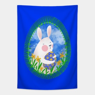 Cute white bunny with floral easter egg decoration on blue sky, version 1 Tapestry