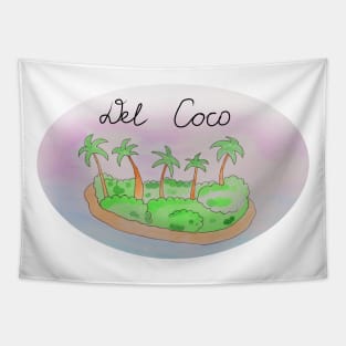 Del Coco watercolor Island travel, beach, sea and palm trees. Holidays and vacation, summer and relaxation Tapestry