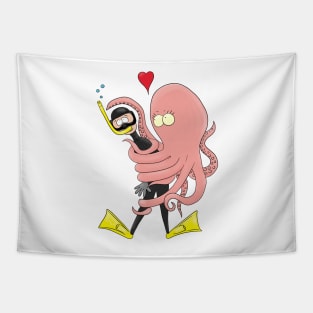 Funny octopus hugs diver cartoon humour Tapestry