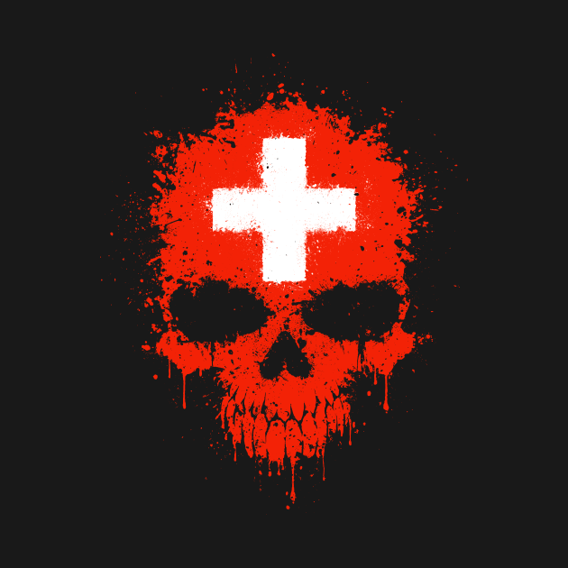 Chaotic Swiss Flag Splatter Skull by jeffbartels