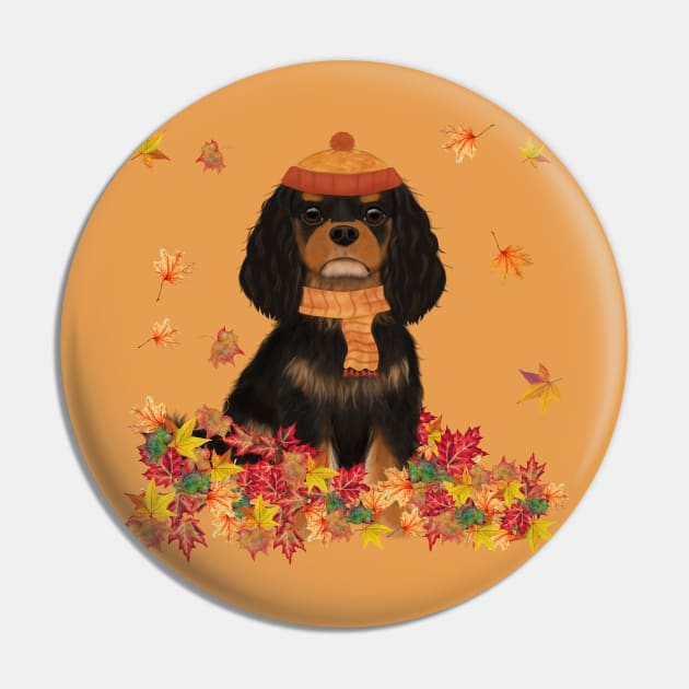 Black and Tan Cavalier in Fall Leave, Cavalier King Charles Spaniel Pin by Cavalier Gifts