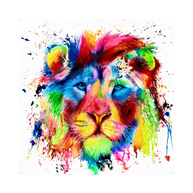 Neon Lion - colourful semi abstract - big cat - ink spatter painting by Mightyfineart