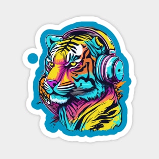 t-shirt design, colorful tiger with headphones on, graffiti art Magnet