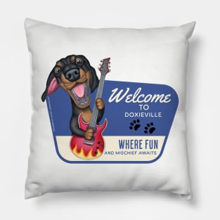 Cute Black and Tan Dachshund playing Guitar Pillow