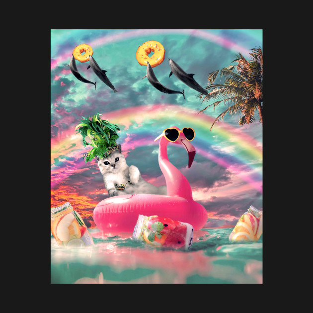 Discover Cute Rainbow Cat On Flamingo With Dolphin - Cute Rainbow Cat On Flamingo With Dolph - T-Shirt