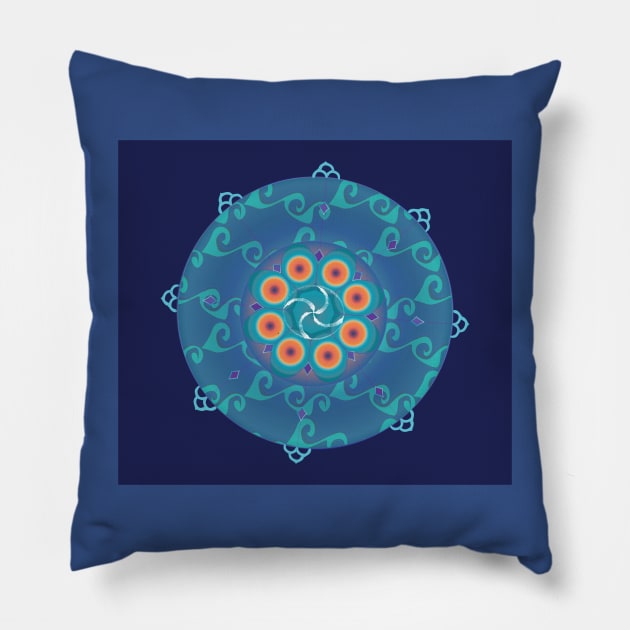 Tibetan Golden Wheel Mandala Pillow by shimaart