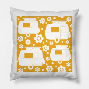 Daisy Polka Dot Vintage Caravan Pattern in Mustard Yellow and White Pillow