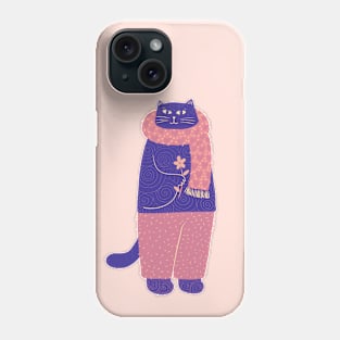 Cute blue cat with heart scarf flower Phone Case