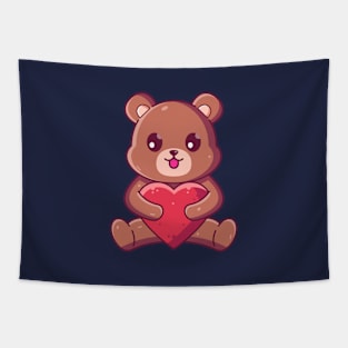 Cute brown bear sitting hugging love Tapestry