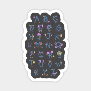 Cute alphabet characters | A to Z | pink blue purple on charcoal Magnet