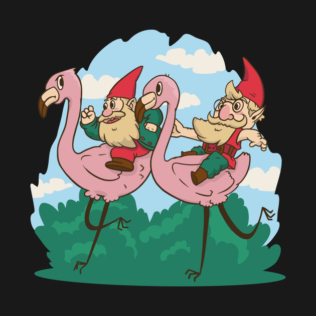 Garden Gnomes Racing Flamingos by Cosmo Gazoo