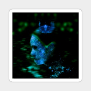 Portrait, digital collage and special processing. Woman in higher state of energy level. Blue and green. Magnet