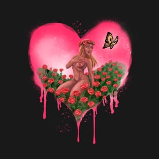 LOVE HEART with BUTTERFLY and ROSES - Graffiti Style (Pink) T-Shirt