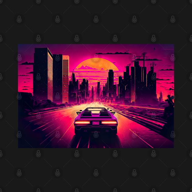 Retro-Futuristic Car Driving Through City Towards Synthwave Sun by Nightarcade