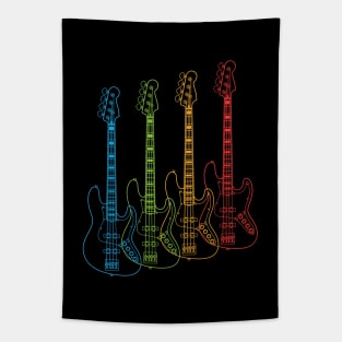 Four J-Style Bass Guitar Outlines Multi Color Tapestry