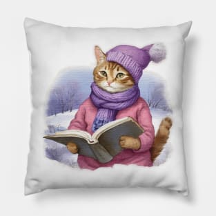 Adorable Cute Cat Read A Book wearing a  purple hat and scarf Pillow