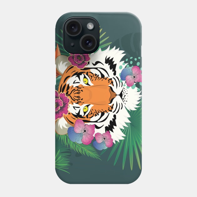 Red tiger head with tropical foliage Phone Case by AnnArtshock