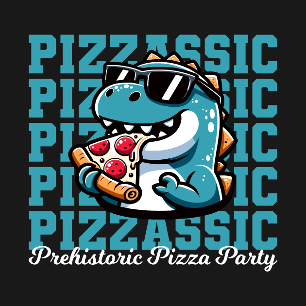 Pizzassic Prehistoric Pizza Party - Funny Dinosaur (Dark) by Muslimory