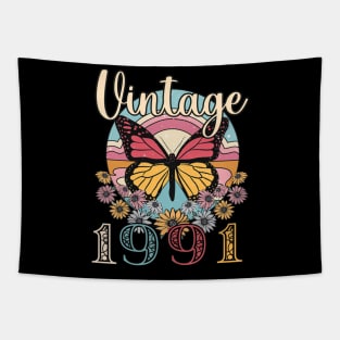 Floral Butterfly Retro Vintage 1991 32nd Birthday Tapestry