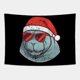 manatee in a Christmas hat distressed Tapestry