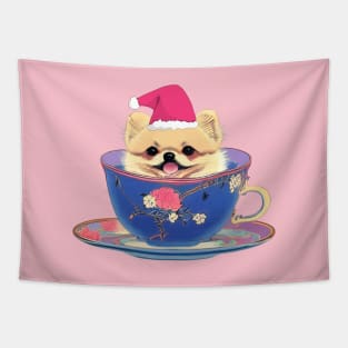 Cutest Pink Teacup Pomeranian Puppy in Merry Christmas Day Tapestry