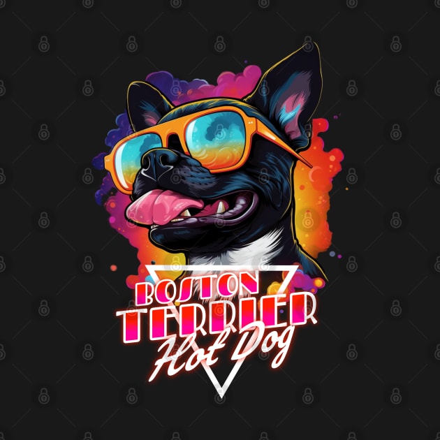 Retro Wave Boston Terrier Hot Dog Shirt by Miami Neon Designs