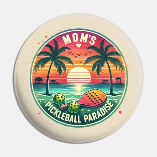 Mom's Pickleball Paradise, vintage retro design, paddles and pickleball ball on the beach,vintage pickleball Pin