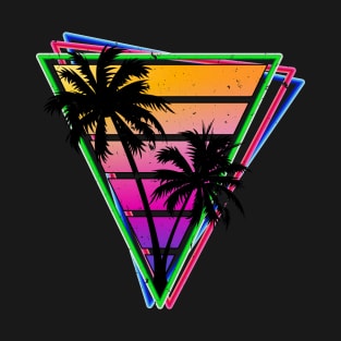 Distressed Synthwave Triangle Palm Tree Design T-Shirt