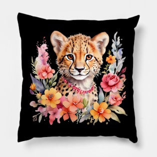 A baby cheetah decorated with beautiful watercolor flowers Pillow