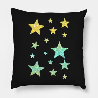 Teal Yellow Ombre Faux Glitter Stars Pillow