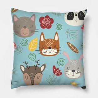 Woodland animals kids pattern blue background Pillow