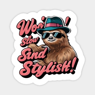Woo! Slow and Stylish Sloth 2D Flat Illustration T-Shirt Design - Retro Pop Art Magnet