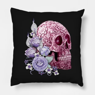 Pink Sugar Skull Day Of The Dead Purple Flowers Pillow