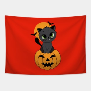 Cute Halloween Vampire Cat on Pumpkin Tapestry