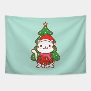 Cute Christmas Cat Kawaii Illustration Tapestry