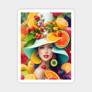 А woman with a white hat and some colorful fruity Magnet
