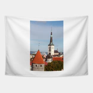 View from Toompea of the Lower Town, Old Town with Olai's Church or Oleviste Kirik, and a tower of the city wall, Tallinn, Estonia, Europe Tapestry