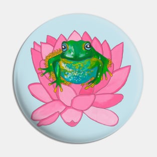 Green frog on pink flower Pin