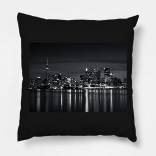 Toronto Skyline At Night From Polson St No 2 Black and White Version Pillow